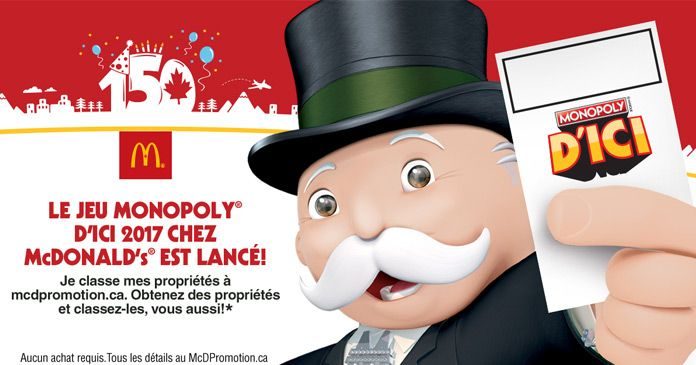 Concours Monopoly McDonald's Canada 2017